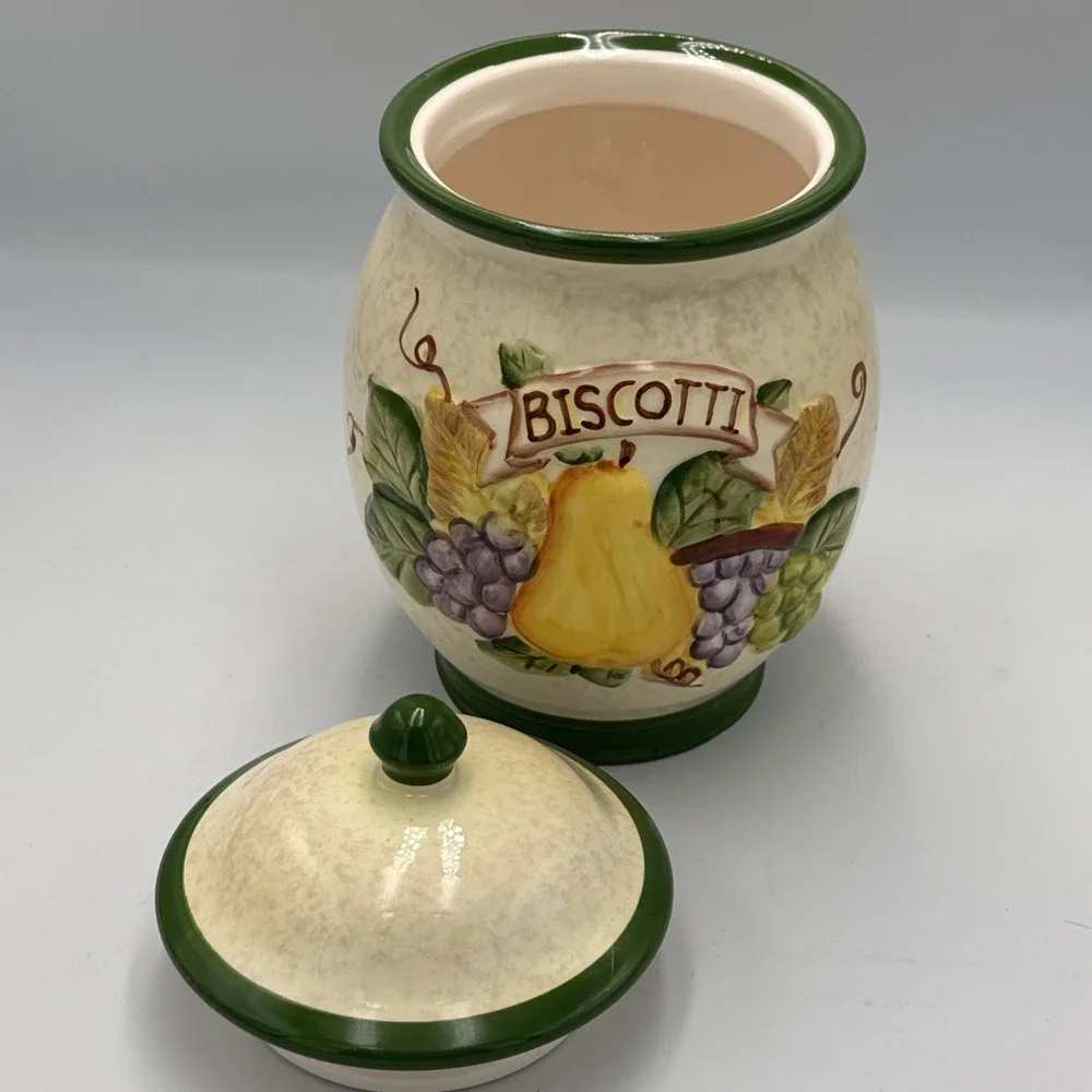 Nonnis Biscotti Cookie Jar Canister Vintage Apple Pear Grape Ceramic Lid 9in